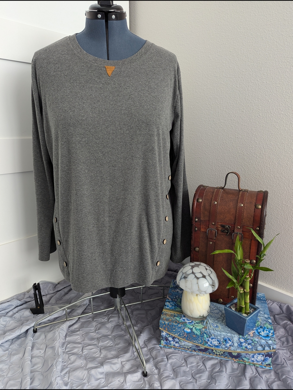 Gray Knit Button Cardigan with Leather Patch Elbows - XL